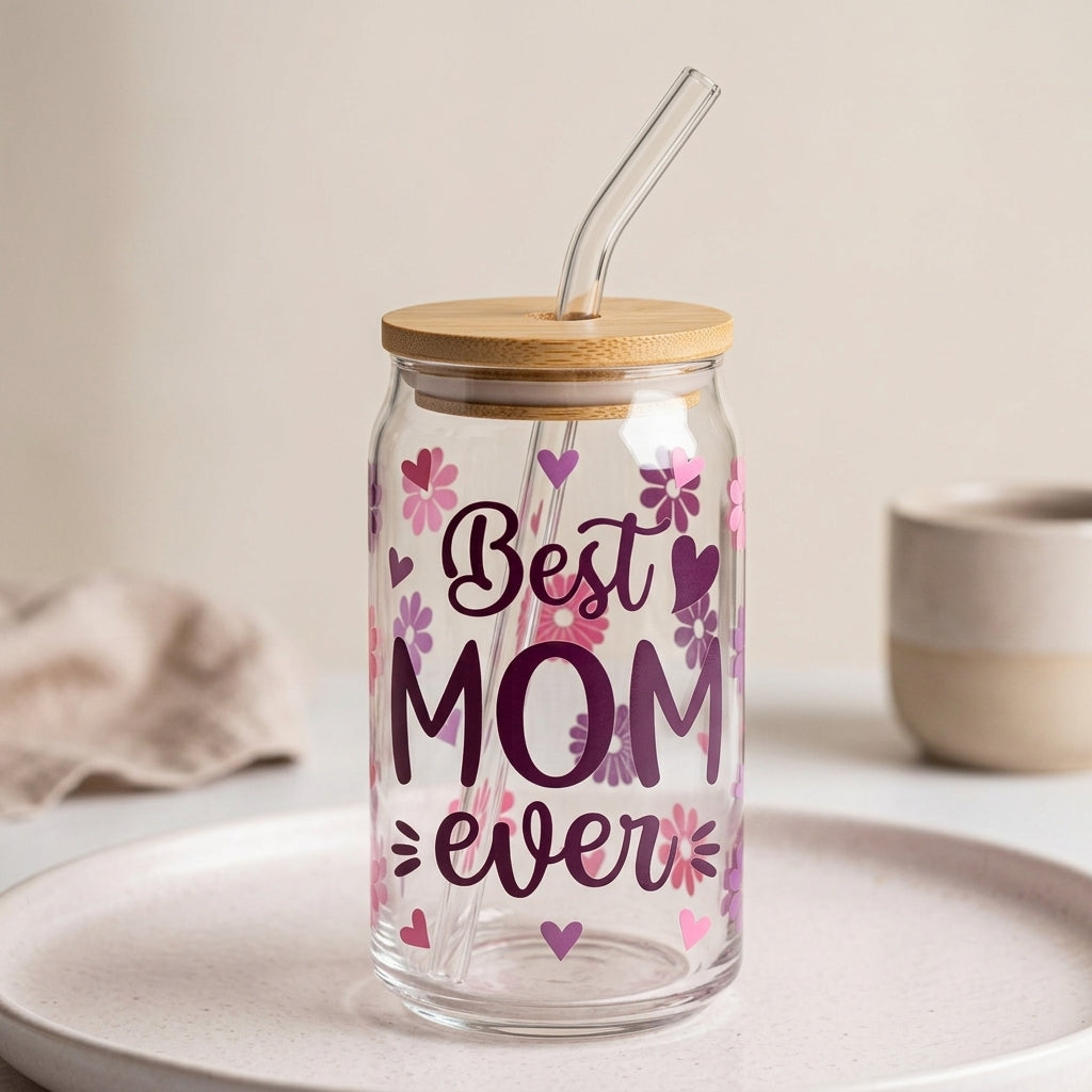 Best Mom Ever Floral Glass Tumbler