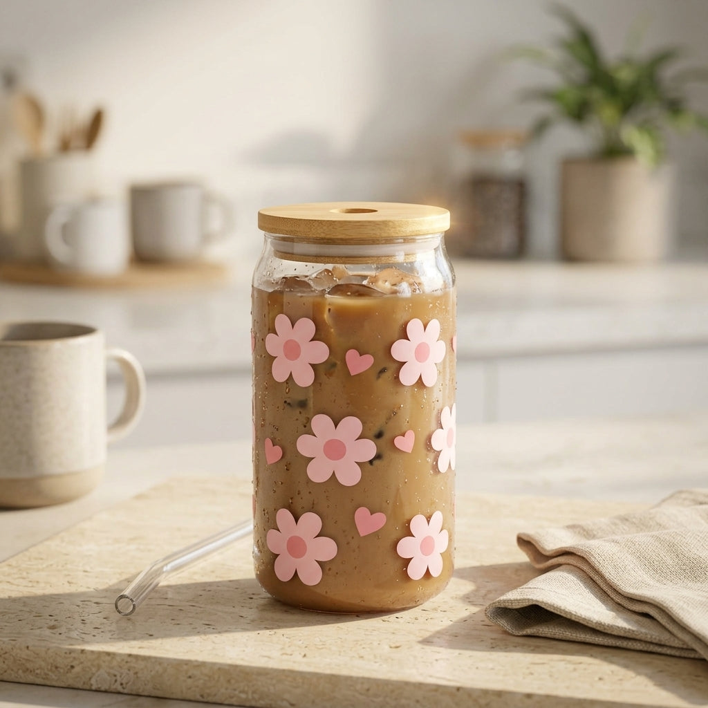 Pink Flowers and Hearts UV DTF Sticker Tumbler