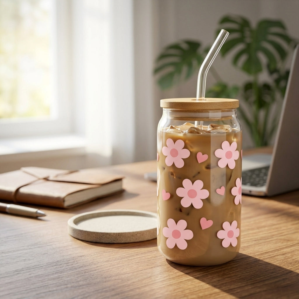 Pink Flowers and Hearts UV DTF Sticker Tumbler