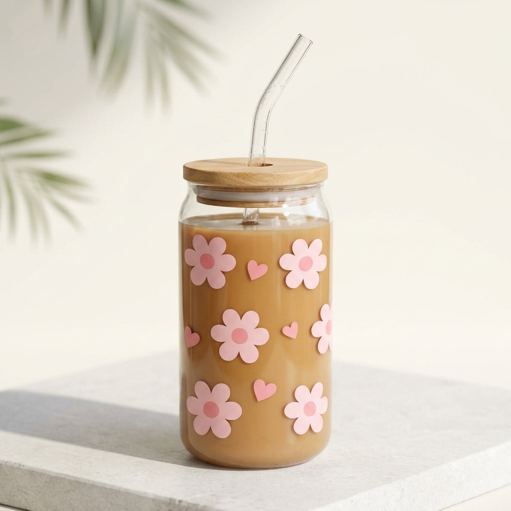 Pink Flowers and Hearts UV DTF Sticker Tumbler