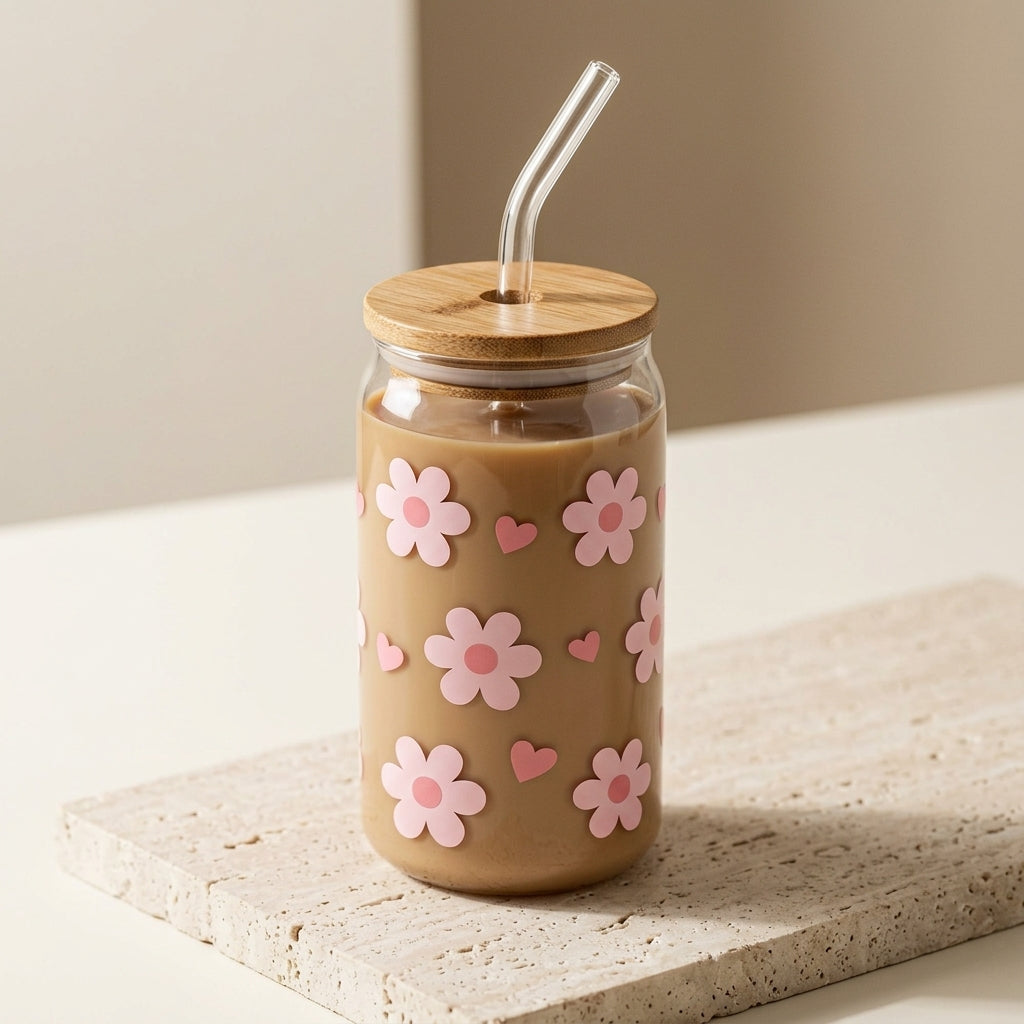 Pink Flowers and Hearts UV DTF Sticker Tumbler
