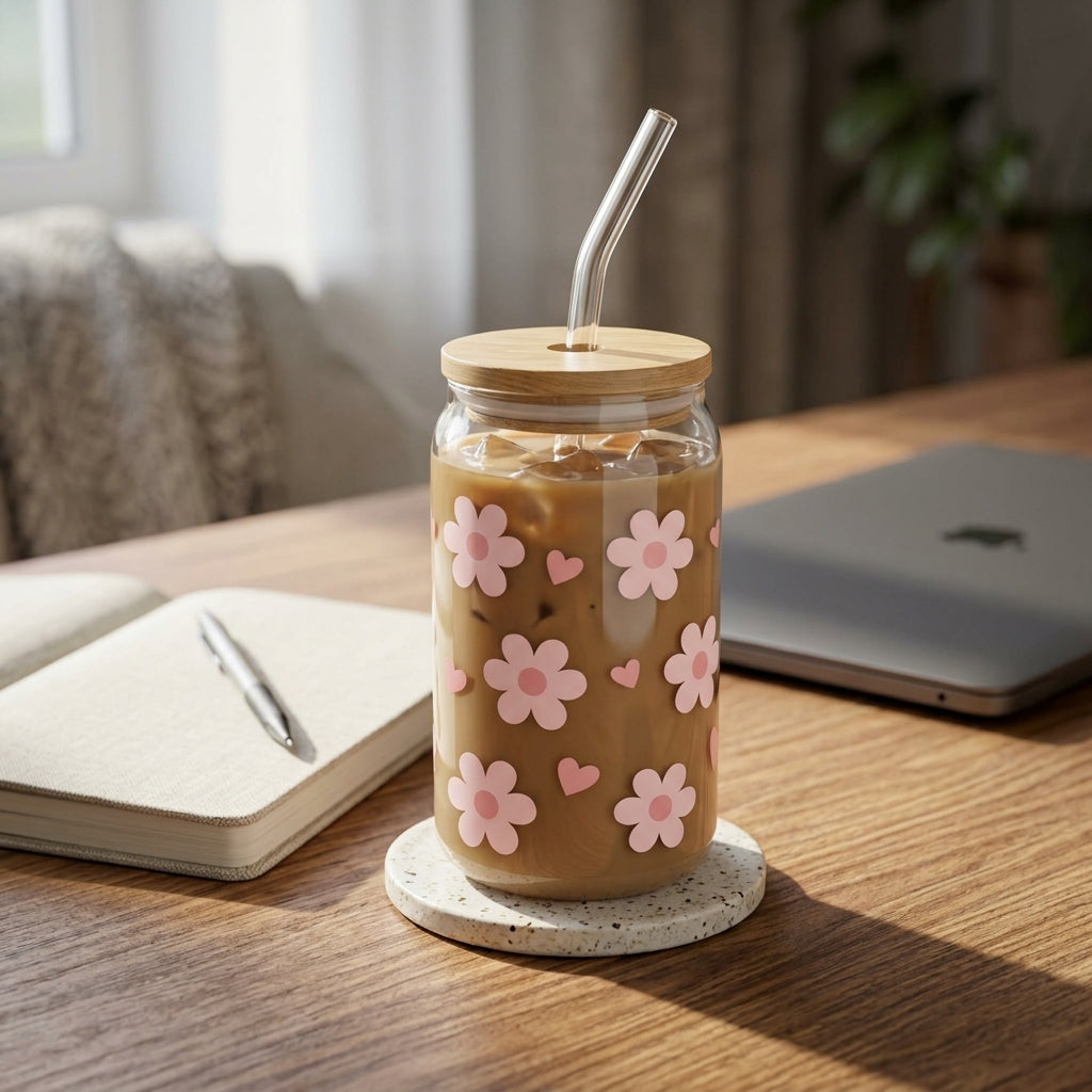 Pink Flowers and Hearts UV DTF Sticker Tumbler